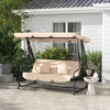3-Seat Outdoor Patio Swing Chair, 2-in-1 Convertible Flat Bed, Canopy Swing with Adjustable Shade, Removable Cushions, Cup Holder, Light Brown