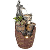 4-Tier Outdoor Fountain with Planter, Cascading Waterfall Feature with LED Lights, Rustic Brown and Grey
