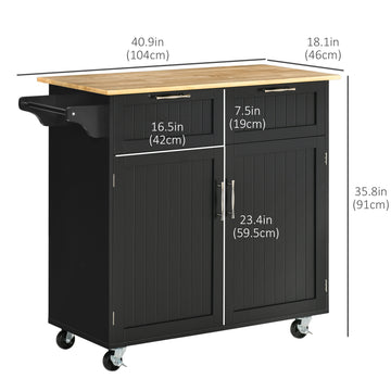 Rolling Kitchen Island with Storage Drawers, Kitchen Cart with Rubber Wood Top, Cabinet & Towel Rack, White