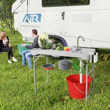 Folding Fish Cleaning Table with Sinks, Camping Sink with Faucet Drainage Hose Sprayer Shelf, Grey