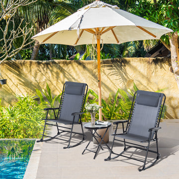 Ensemble bistro de patio 3 pièces avec chaises berçantes pliantes d'extérieur et table, siège et dossier en maille respirante, appuie-tête, Gris