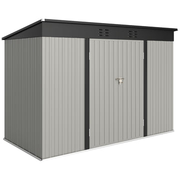 9' x 4' Galvanized Steel Garden Storage Shed with Lockable Doors, Gloves and 2 Air Vents for Backyard, Patio, Lawn, Grey