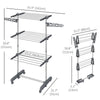 3-Tier Foldable Clothes Drying Rack, Stainless Steel Laundry Rack with 2 Side Wings and 6 Castors, Collapsible Adjustable Clothes Airer for Indoor Outdoor, Grey
