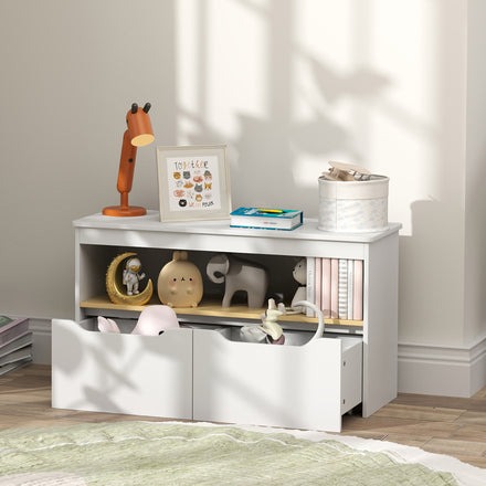 Kids Bookshelf with 2 Drawers, Large Tabletop, Shelf, for Nursery, Kids Room, Bedroom, Living Room, White