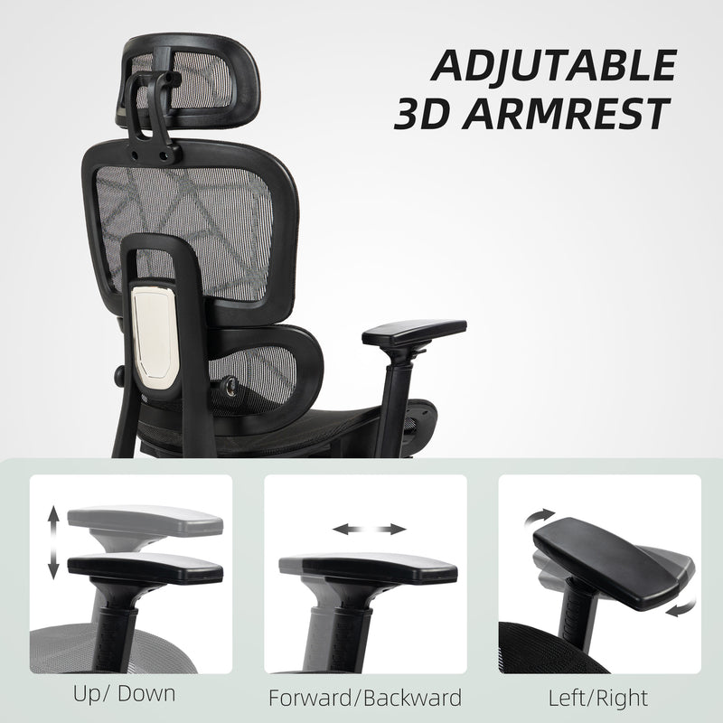 Chaise de bureau en filet avec accoudoir 3D, chaise de bureau à dossier haut avec support lombaire, inclinable à 135°, appui-tête réglable