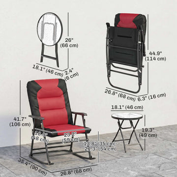 3pc Patio Foldable Rocking Chair Set, Outdoor Rocking Chairs and Table Bistro Set w/ Padded Seat, Headrest, Backrest for park, backyard, garden, Red