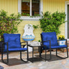 3 Pieces Rocking Bistro Set, Outdoor Wicker Patio Furniture with Glass Coffee Table and Outside Rocking Chairs for Porch, Conversation Sets with Thick Cushions, Blue