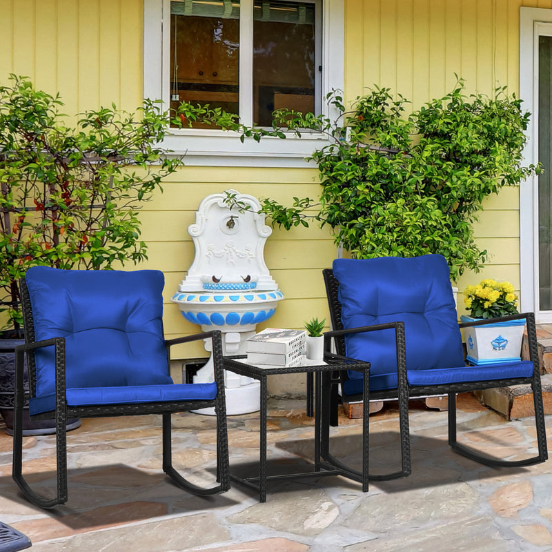 3 Pieces Rocking Bistro Set, Outdoor Wicker Patio Furniture with Glass Coffee Table and Outside Rocking Chairs for Porch, Conversation Sets with Thick Cushions, Blue