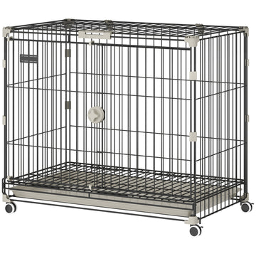 Foldable Dog Crate, 30 Inch Metal Dog Cage with Removable Tray, Lockable Wheels, 2 Doors for Small Medium Breeds, Black