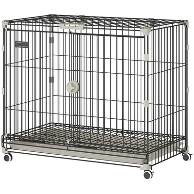 Foldable Dog Crate, 30 Inch Metal Dog Cage with Removable Tray, Lockable Wheels, 2 Doors for Small Medium Breeds, Black