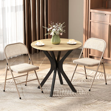 Set of 2 Metal Foldable Chairs, Linen Fabric Padded Folding Chairs with Cushion Seat and Open Back for Indoor, Beige