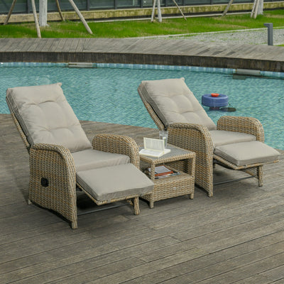 3 Pieces Patio Wicker Bistro Set, PE Rattan Coffee Table & Adjustable Recline Chairs Furniture Set with Cushions and Wood Grain Plastic Top, Khaki
