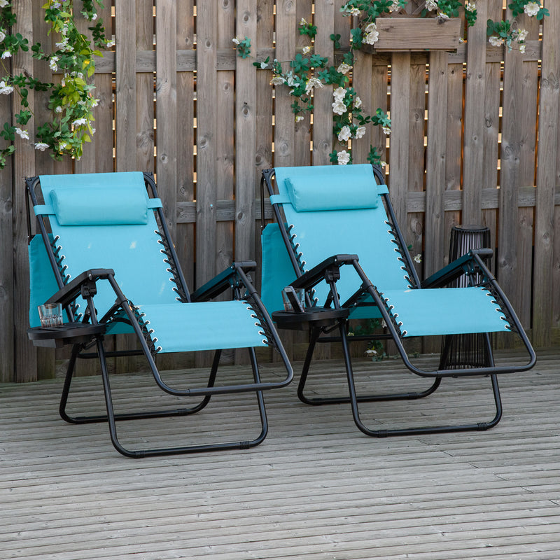 2 Piece Foldable Lounge Chair with Canopy Shade, Outdoor Zero Gravity Chair w/ Side Tray & Cup Holder, Reclining Lounger w/ Breathable Mesh Fabric Seat, Pillow, Sky Blue