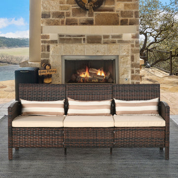 3-Seater Wicker Sofa, PE Rattan Outdoor Couch Conversation Furniture with Removable Cushions for Patio, Garden, Brown