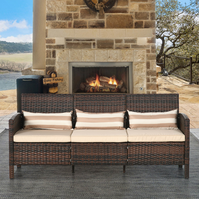 3-Seater Wicker Sofa, PE Rattan Outdoor Couch Conversation Furniture with Removable Cushions for Patio, Garden, Brown