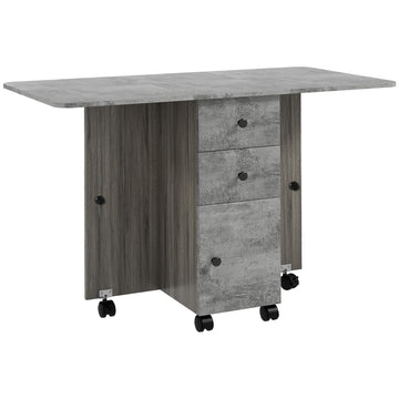 Drop Leaf Dining Table, Mobile Folding Table on Wheels with Drawers and Cabinet for Dining Room, Kitchen, Grey
