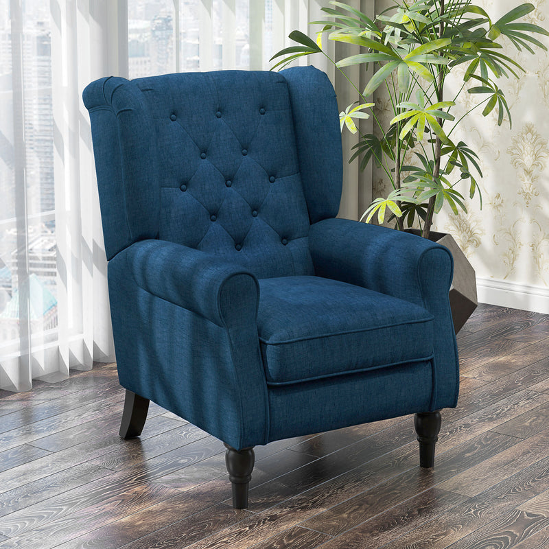 Fabric Accent Chair, Button Tufted Armchair, Upholstered Modern Living Room Chair, Wingback Chair with Wood Legs, Rolled Arms, Thick Padding for Bedroom, Blue