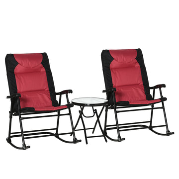 3pc Patio Foldable Rocking Chair Set, Outdoor Rocking Chairs and Table Bistro Set w/ Padded Seat, Headrest, Backrest for park, backyard, garden, Red