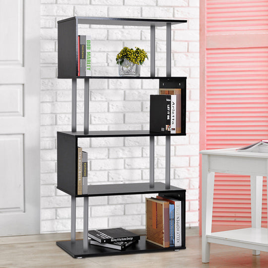 5-Tiers Geometric Wooden Bookcase S-Shaped Storage Bookshelf Display with Metal Frame for Living Room, Bedroom, Home Office, Black