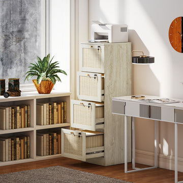 4 Drawer Filing Cabinet with Lock, Boho File Cabinet for A4 Letter Size Files with Decorative Rattan Accents, Oak