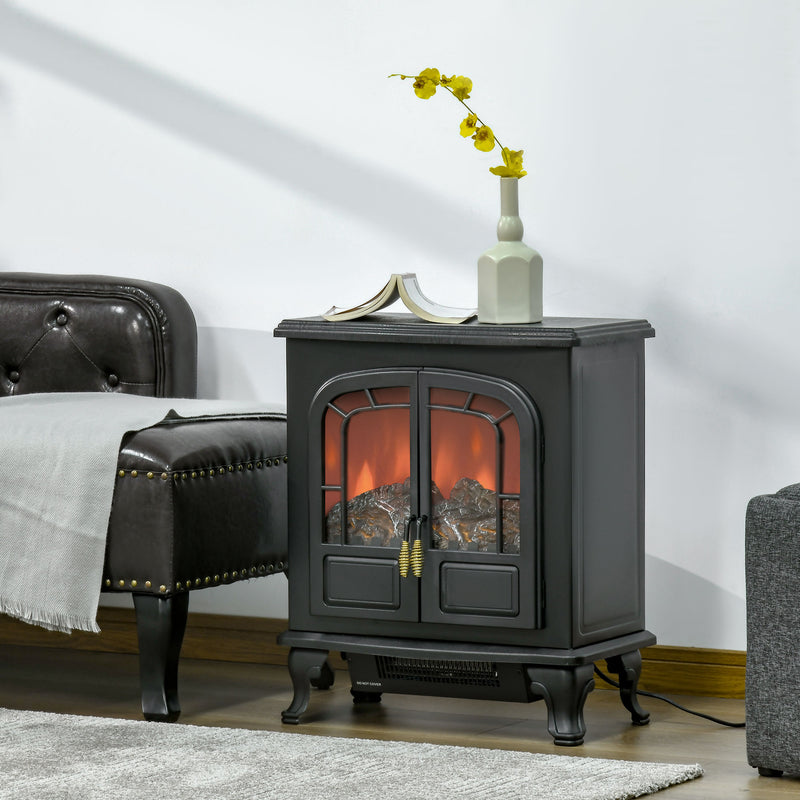 Electric Fireplace Stove Heater with LED Fire Flame Effect, Double Door, Freestanding & Portable with Overheat Protection, 750W/1500W, Black