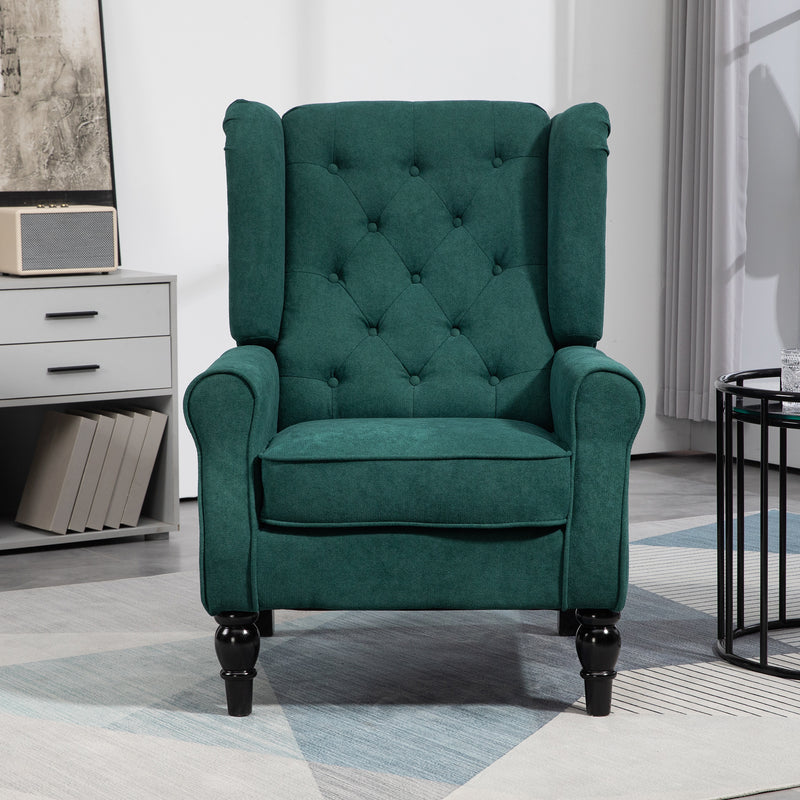 Fabric Accent Chair, Button Tufted Armchair, Upholstered Modern Living Room Chair, Wingback Chair with Wood Legs, Rolled Arms, Thick Padding for Bedroom, Dark Green