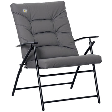 Foldable Lounge Chair, Fabric Upholstered Recliner, Outdoor Lounger with Armrest, Metal Frame for Backyard, Grey