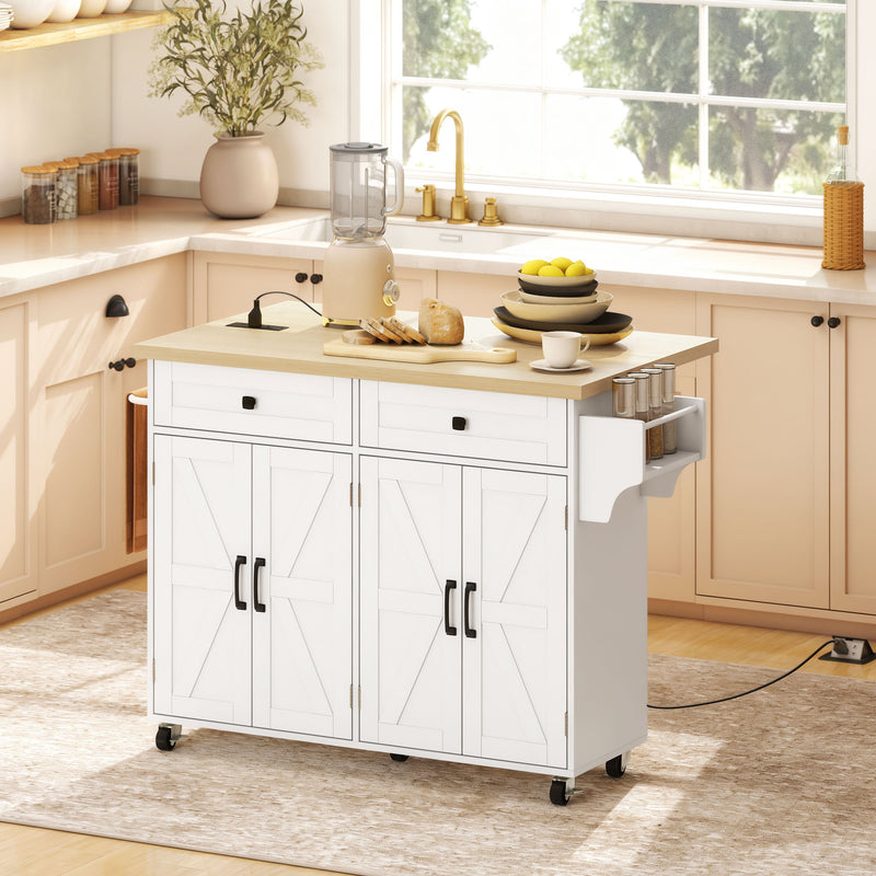 Kitchen Island with Storage, Rolling Kitchen Cart with Charging Station, Drop Leaf, Spice Rack, Towel Rack, Drawers, White