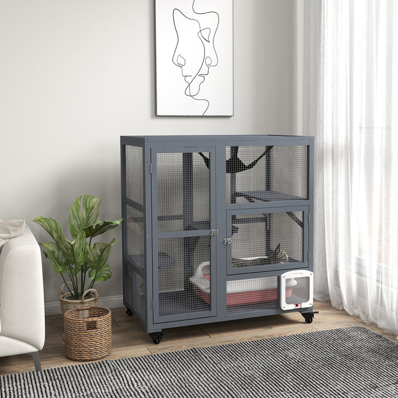 Cat Condo Wooden Indoor Cat House on Wheels with Cat Flap Door Platforms Hammock Openable Top for 2 Cats, Light Grey