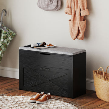 Shoe Storage Bench with Flip Drawer and Lift Top Storage, Entryway Bench with Seat Cushion for Hallway, Black