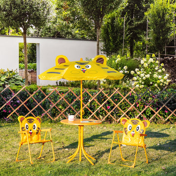 Kids Folding Picnic Table and Chair Set Pattern Outdoor Garden Patio Backyard with Removable & Height Adjustable Sun Umbrella Yellow