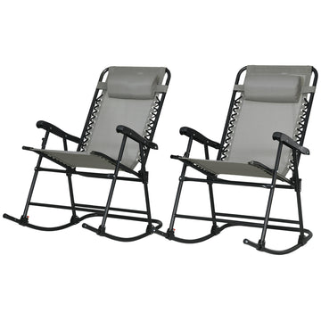 2pc Patio Foldable Rocking Chair Set w/ Breathable Mesh Seat & Backrest, Headrest for Park, Backyard, Garden, Grey