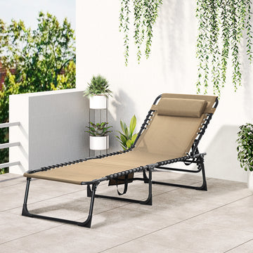 Outdoor Folding Chaise Lounge, Reclining Lounge Chair with Adjustable Backrest and Removable Pillow, Beige