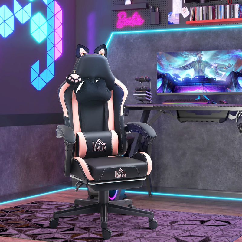 Cute Racing Gamer Chair, Faux Leather Gaming Chair with Footrest, Headrest and Lumbar Support, Pink