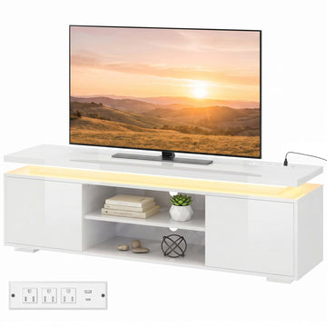 TV Stand for TVs up to 60 Inch, Modern Entertainment Center with LED Lights and Power Outlets, High Gloss White