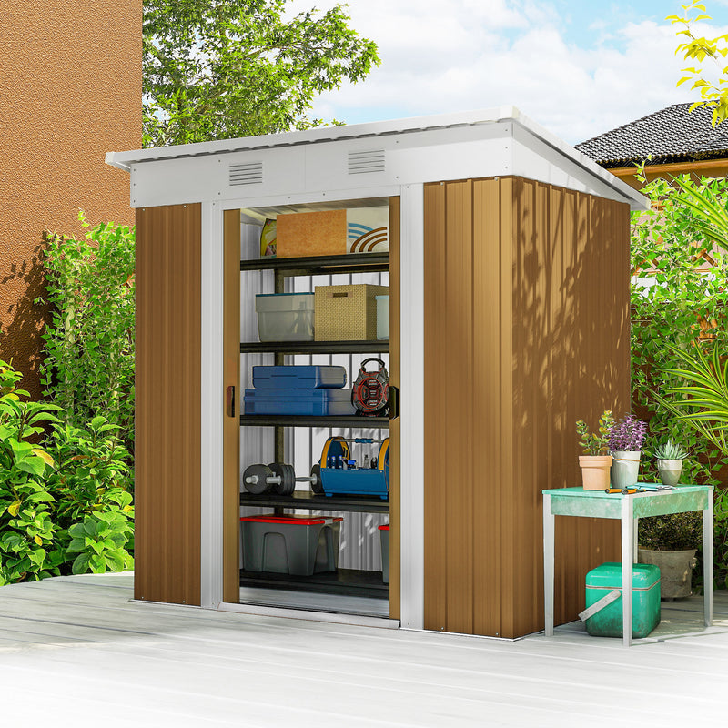 7' x 4' Outdoor Storage Shed, Metal Garden Tool Storage House Organizer with Lockable Sliding Doors and Vents for Backyard Patio Lawn, Yellow