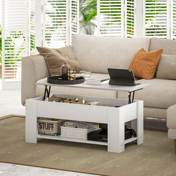 Lift Top Coffee Table with Hidden Storage Compartment and Open Shelf, Center Table for Living Room, White