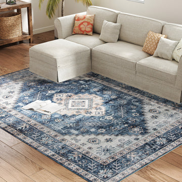 6x9 Area Rug, Vintage Machine Washable Rug, Non-Slip Floor Carpet for Living Room, Bedroom, Dining Room, Blue