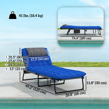 Folding Lounge Chair with 4-level Reclining Back & Cushion, Blue
