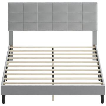 Queen Size Bed Frame with Upholstered Headboard, Modern Platform Bed Frame with Wood Slats, 1100 lbs Capacity, Grey