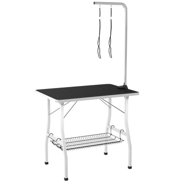 Dog Grooming Table w/ Adjustable Arm, Mesh Tray,  Two Nooses, Rubber Surface, 35