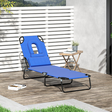 Adjustable Outdoor Lounge Chair, Garden Folding Chaise Lounge with Face Hole Reclining Tanning Chair Seat, Folding Camping Beach Lounging Bed w/ Support Pillow, Blue