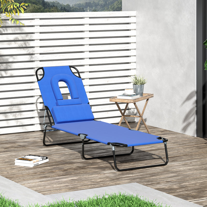 Adjustable Outdoor Lounge Chair, Garden Folding Chaise Lounge with Face Hole Reclining Tanning Chair Seat, Folding Camping Beach Lounging Bed w/ Support Pillow, Blue