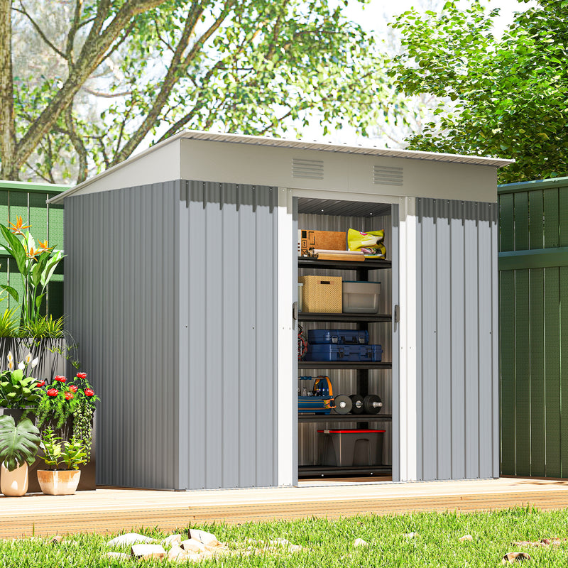 7' x 4' Outdoor Storage Shed, Metal Garden Tool Storage House Organizer with Lockable Sliding Doors and Vents for Backyard Patio Lawn, Grey