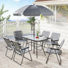 8 Piece Patio Table and Chairs Set with Folding Chairs, Tempered Glass Tabletop and Umbrella for Garden