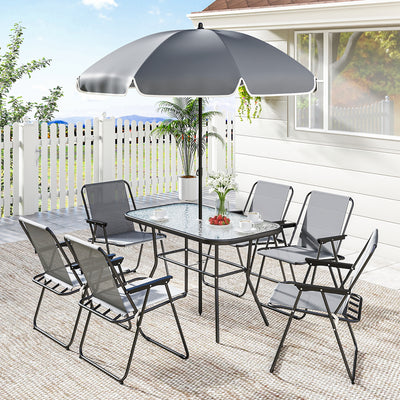 Ensemble de patio 8 pièces avec table et chaises pliantes, plateau en verre trempé et parasol pour jardin, gris
