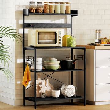Kitchen Baker's Rack with Power Outlet, Coffee Bar Station with Adjustable Shelves and Hooks, Distressed Black
