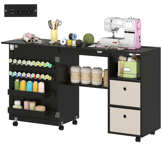 Rolling Sewing Machine Table with Power Outlet, Folding Craft Table with 2 Fabric Drawers, 2 Bins and 18 Pegs, Black