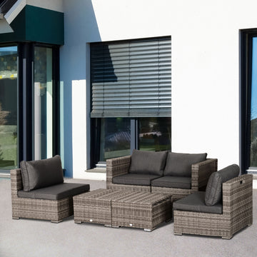 8 Pieces Patio Furniture Set, Outdoor Wicker Rattan Sofa Set Yard Conversation Seat Tea Table and Footstool Garden Patio Furniture w/ 2 Set Cushion Cover Grey & Orange