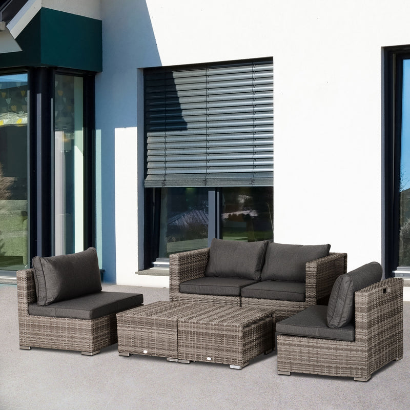 8 Pieces Patio Furniture Set, Outdoor Wicker Rattan Sofa Set Yard Conversation Seat Tea Table and Footstool Garden Patio Furniture w/ 2 Set Cushion Cover Grey & Orange